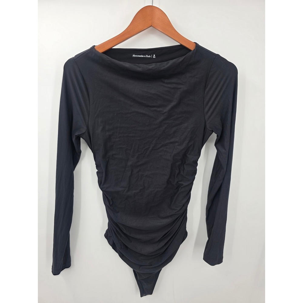 Abercrombie & Fitch Black Ruched Long Sleeve Boat Neck Bodysuit Size M
